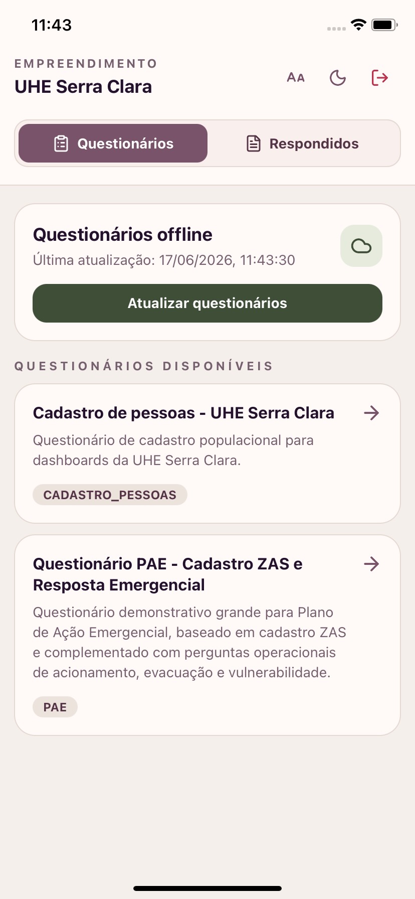 Tela de questionários do PAE no aplicativo Fýgora